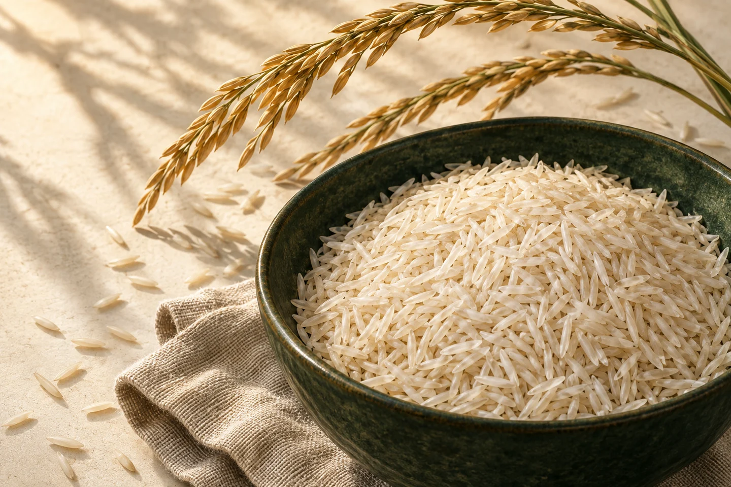 Basmati rice arranged in a ceramic bowl with rice stems on a warm ivory surface