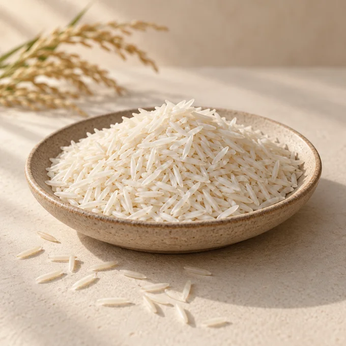 An illustrative study of pale basmati grains in a ceramic dish
